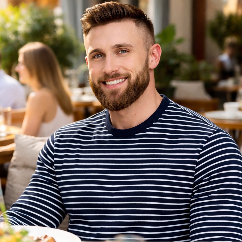 GAP Men’s Navy and White Striped Long Sleeve Tee